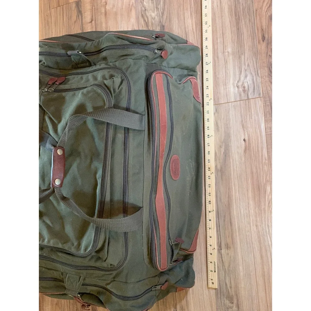 Vintage Cabela's Large Duffle Bag Olive Green Canvas Leather Trim Hunting Travel